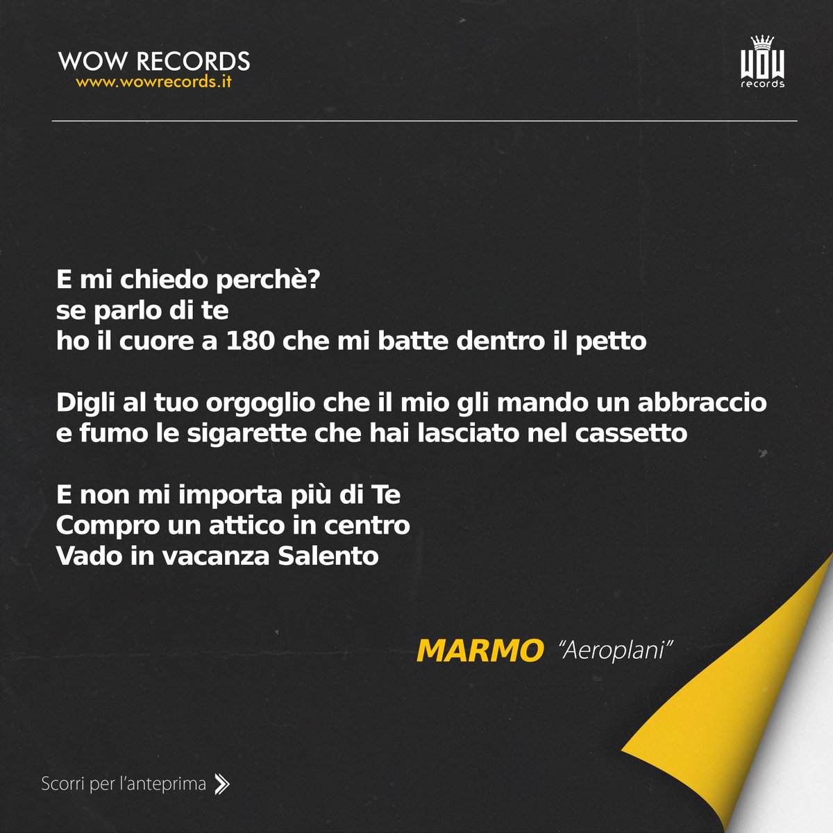 Lasciamo un pezzo del testo di "Aeroplani", parte di "Parvenu", il nuovo album di <a href="/MARMOOFF/">Marmo</a>! Disponibile su Spotify e anche su i tutti i digital stores 🎶🔥

#WowRecords #Marmo #Parvenu #NewMusicRelease #NewMusic #ItalianMusic #GoodMusicOnly #ListenToThis #SoundOn