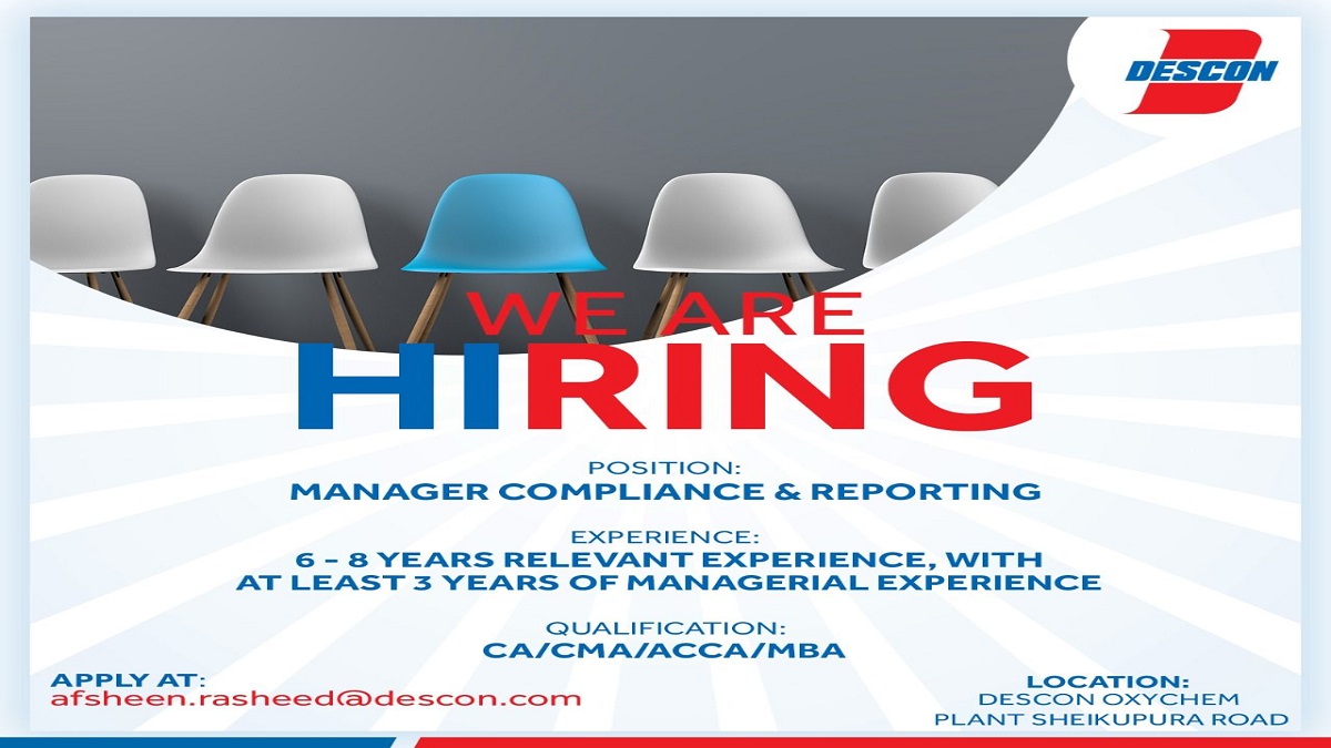 DesconOfficial's tweet photo. Job Title: Manager Compliance &amp; Reporting
Essential Requirements: CA/ACMA/ACCA/MBA, 6 - 8 years relevant experience, with at least 3 years of managerial experience
Location: Descon Oxychem Plant Sheikupura road
Email: afsheen.rasheed@descon.com
Deadline: 30 November 2021.
#jobs https://t.co/AF4aUUz87V