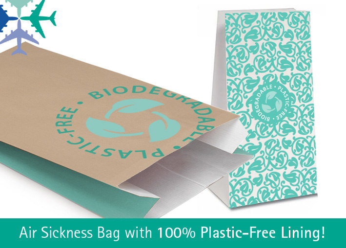 Currently airline sickness bags have a PE Plastic lining. We are delighted to unveil our new 100% PLASTIC-FREE, EU made sick bag that uses a plastic-free barrier coating on FSC White or Kraft paper . planetalking.net #airlines #airsicknessbag #plasticfree #ecofriendly