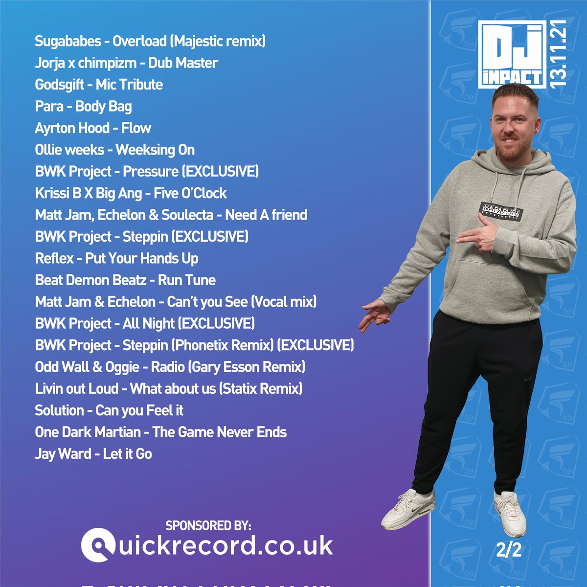 ImpactUKG's tweet photo. playlist 13.11.21
(with guest @bwkproject )
#ukgarageshow
listen live
Saturdays 2-4pm GMT
Flex Fm 101.4
https://t.co/05UttJGNXC
#listenagain
https://t.co/zaOjwNg25U
#ukg #ukgarage #garage #garagemusic #garagehouse #impactukg #bwkproject #podast https://t.co/GWXNS5R2cW