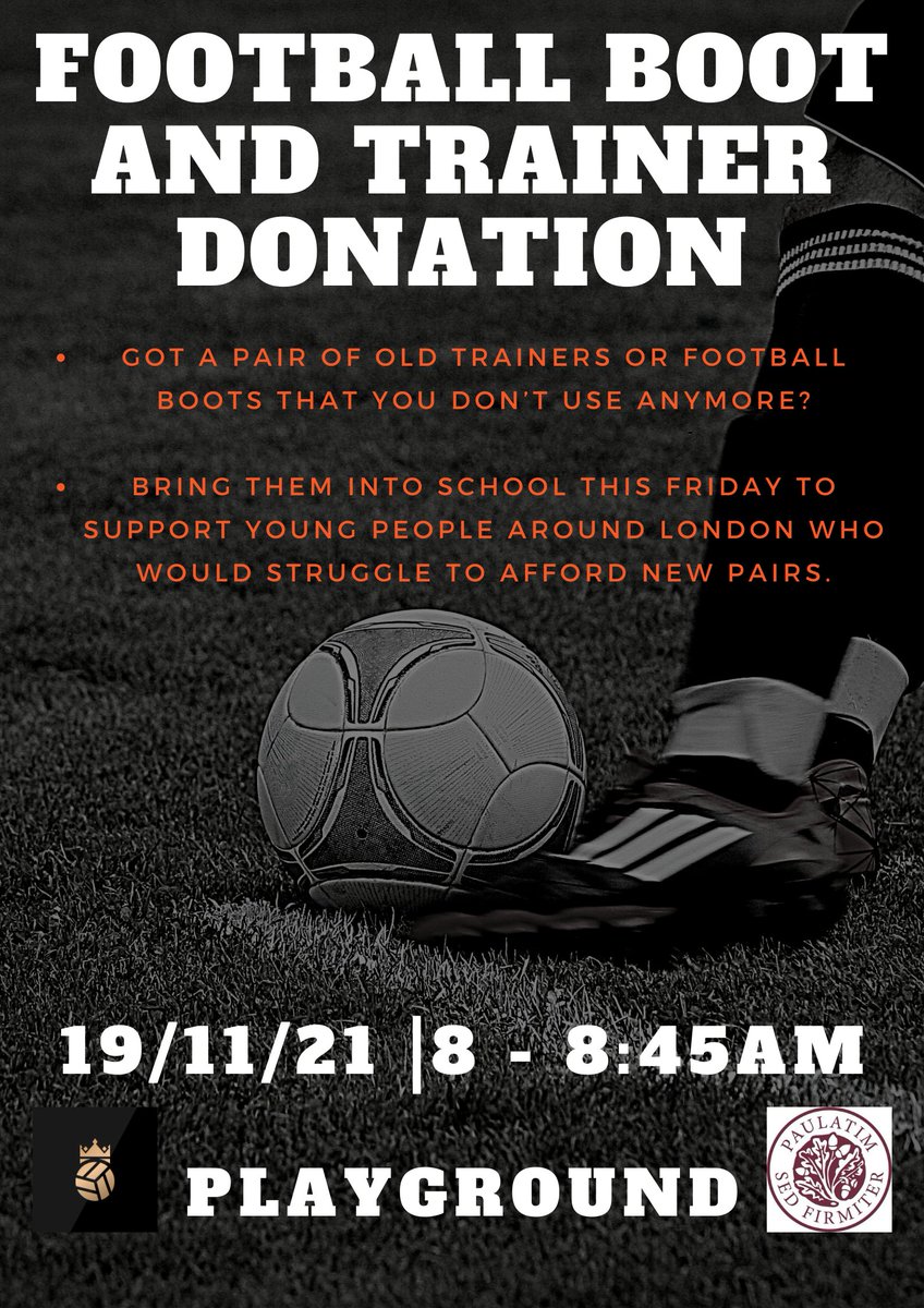 This Friday, in collaboration with <a href="/bloomsburyftbl/">Bloomsbury Football</a>, we will hold a collection of trainers and football boots before school in the playground. The donations will be distributed to children who otherwise might not be able to afford new pairs. Please do give generously! #community