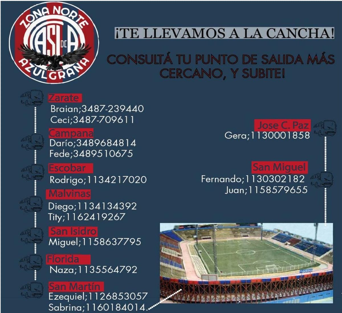 🚩El viernes juega el Ciclón, y como no puede ser de otra forma...Zona Norte te lleva al Bidegain!! 🚌
Contactanos por tu reserva!! 📱
No te quedes abajo!!💪🏻
Siempre te voy a acompañar🔵🔴

#ZonaNorteAzulgrana
#SLFederal

<a href="/PeniasCASLA/">Peñas del CASLA</a>