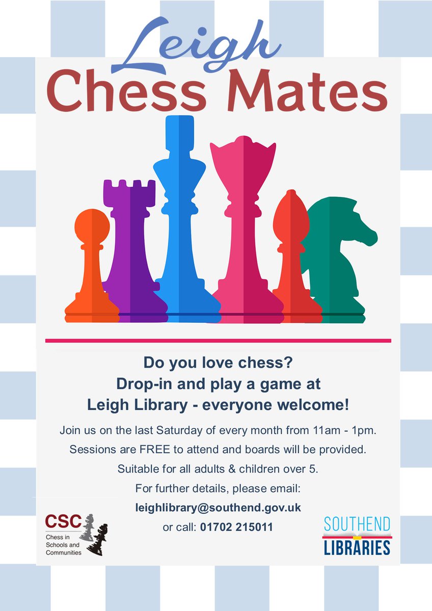 southendlibrary's tweet photo. Love #Chess? Drop by Leigh Library for a game this coming Saturday!
Sessions are FREE, friendly and open to everyone over 5 years of age. (Boards are provided.)
11am - 1pm at Leigh Library, on the last Saturday of every month.
βββ
#FriendlyMachinations #ChessGame #LeighLibrary https://t.co/xxgkFAZYa4