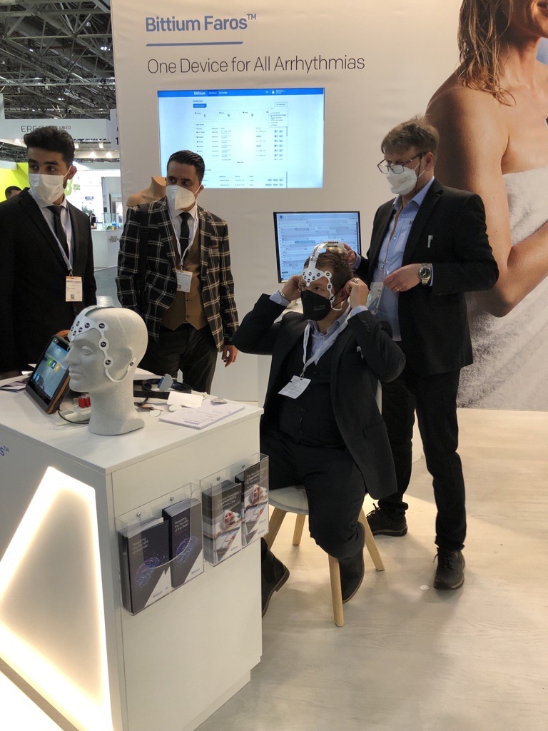 Bittium's tweet photo. The day 2 of @MEDICATradeFair #Medica2021! Our experts are showcasing high-tech solutions for monitoring of heart, brain and sleeping disorders.

We welcome everyone to visit us at stand 9/C15.

#Bittium #ECG #EEG #HSAT #Faros #BrainStatus #Respiro https://t.co/2WY1jpcrCp