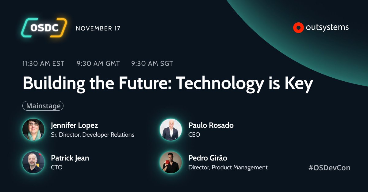 OutSystemsDev's tweet image. 😱 Can you believe it? TOMORROW is #OSDevCon! 🎉   Join us on the 17th as we kick the event off with:

Sr. Director of #Developer Relations @jennita, CEO @paulorosado, CTO @patrickdjean and Director of Product Management Pedro Girão

Register👉  bit.ly/3x4feYe