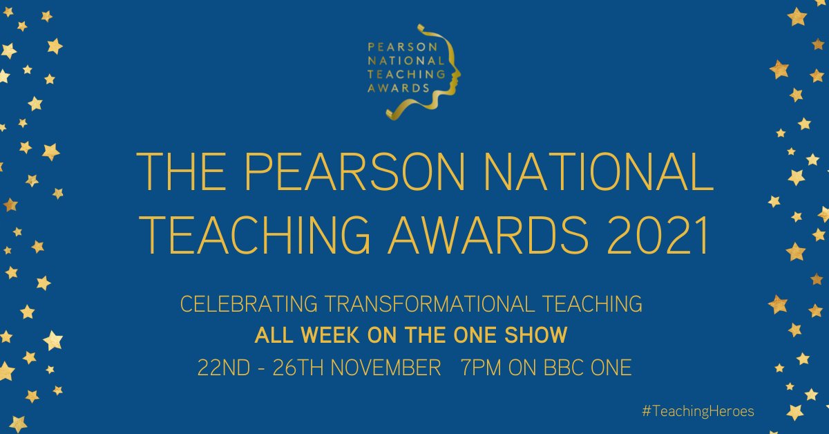 TeachingAwards's tweet photo. We're delighted to announce that the Pearson National Teaching Awards will once again be featured on BBC One's The One Show! Join us Mon-Fri NEXT WEEK at 7pm on @BBCTheOneShow to find out some of the amazing winners going home with a Gold Award! #teachingheroes https://t.co/OMjdEnxdQD