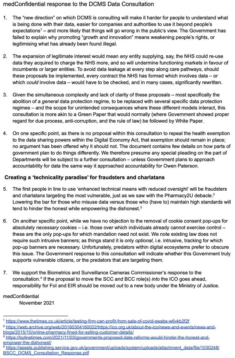 medConfidential's tweet photo. We have published our response to the @DCMS data consultation - it fits on one page on the basis that maybe someone will then read it https://t.co/eeF6IzSPPx https://t.co/sAbuDLUvoV