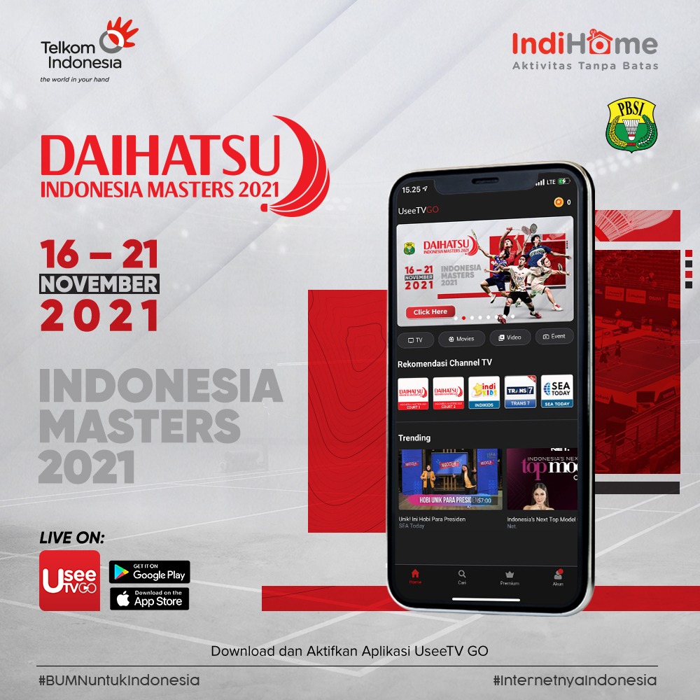 BadmintonTalk's tweet photo. Streaming Daihatsu Indonesia Master dimana?

Di UseeTV aja!
Streaming di Aplikasi UseeTV GO, tersedia di Play Store maupun Apps Store atau https://t.co/mYBh47Zhh1. 

Link Streaming:
https://t.co/XbuGs5LSmE

#IndonesiaMaster2021 #AktivitasTanpaBatas #HomeofPremiumSports https://t.co/JyO0p3FeTA