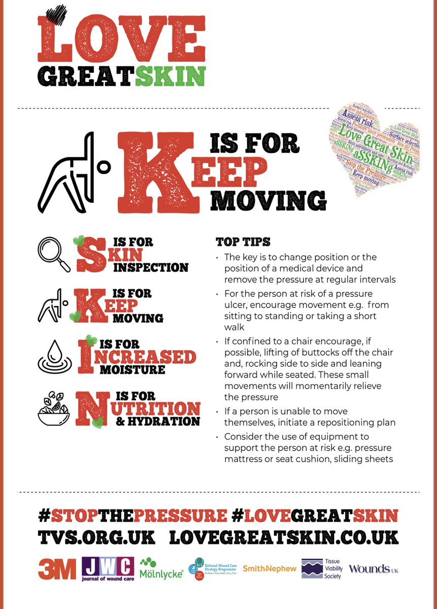 NadinePeart's tweet photo. Day 2 of #stopthepressure week. 
What can you do to help your patient keep moving today? 🕺🏼 💃 
Don’t forget to move devices and remember #timeistissue @SouthTees 
🛑 ✋🏼 https://t.co/fRfHqEqkCM