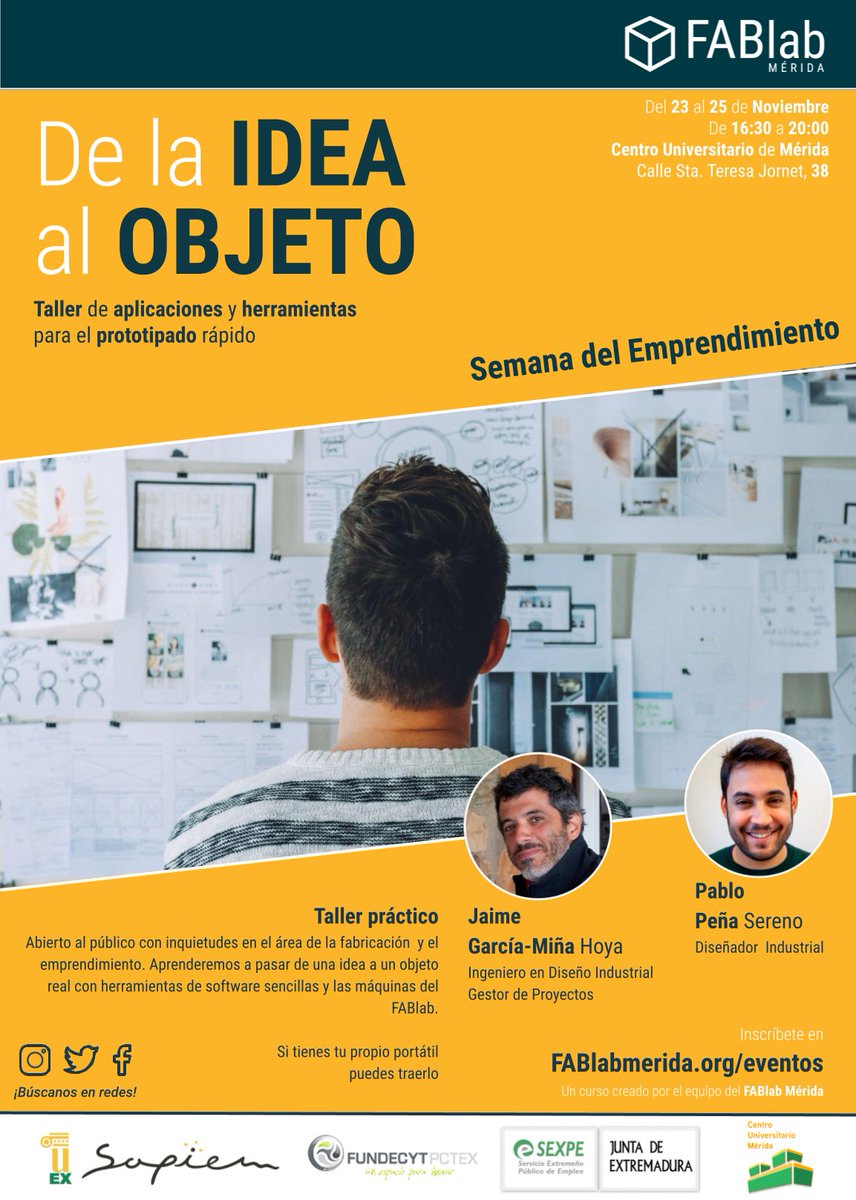 FundecytPCTEX's tweet photo. ¿Te van los #FabLabs y el #prototipado? Ven al taller de aplicaciones y herramientas para el prototipado rápido "De la Idea al Objeto" en @CUMe_UEx, del 23 al 25 de nov.

Con @FundecytPCTEX, @UExSAPIEM y @LabMerida.

Más info e inscripciones en https://t.co/3dCtM4UNFI https://t.co/Rq5vzr92Wu