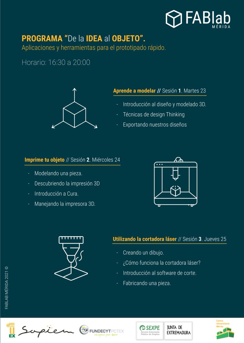 FundecytPCTEX's tweet photo. ¿Te van los #FabLabs y el #prototipado? Ven al taller de aplicaciones y herramientas para el prototipado rápido "De la Idea al Objeto" en @CUMe_UEx, del 23 al 25 de nov.

Con @FundecytPCTEX, @UExSAPIEM y @LabMerida.

Más info e inscripciones en https://t.co/3dCtM4UNFI https://t.co/Rq5vzr92Wu