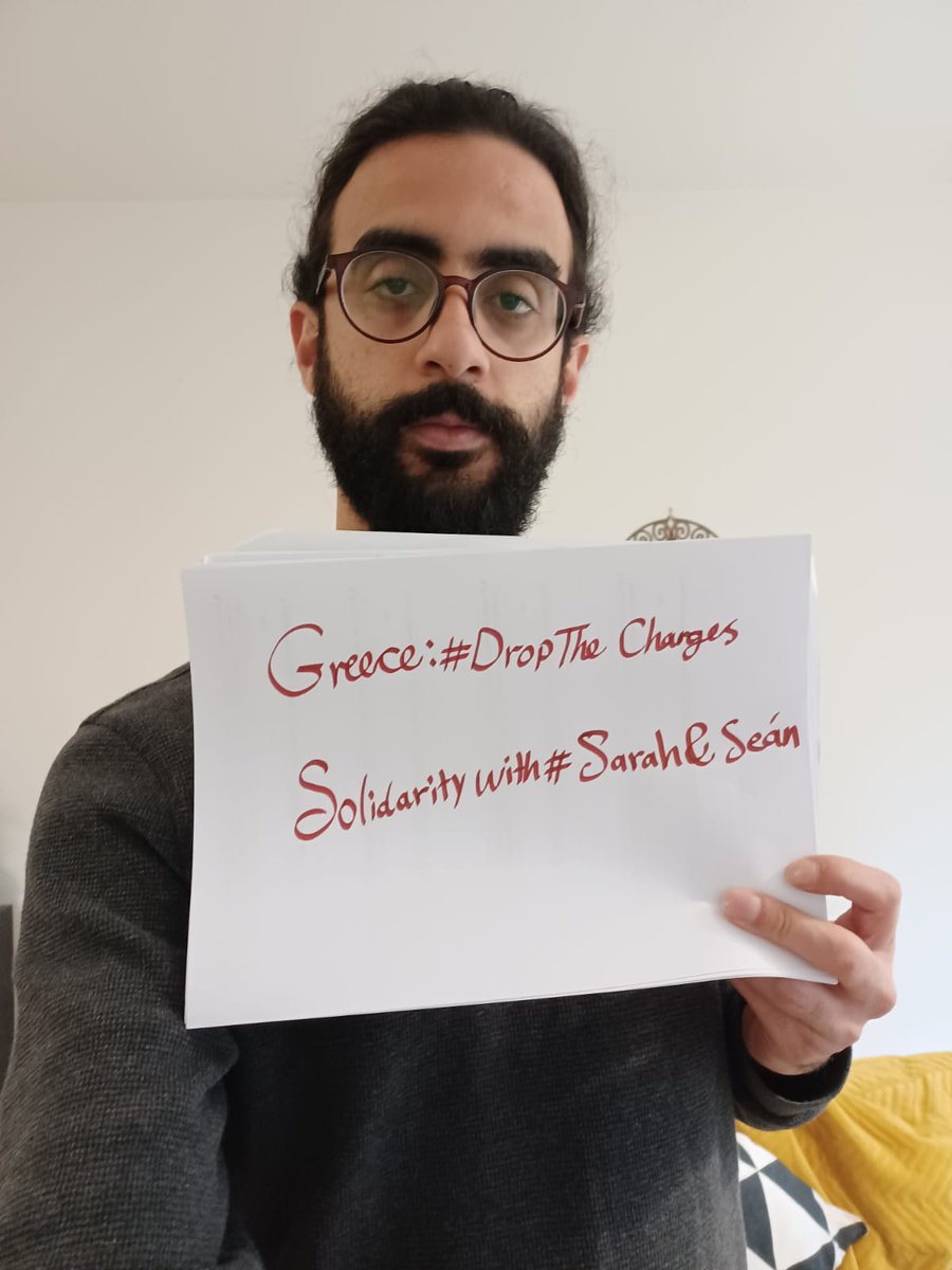 AmnestyIreland's tweet photo. Solidarity with #SarahandSeán ✊

Brave humanitarians @SarahMardini44 and Irishman @sean_binder_ face 25 years in prison this week for saving lives at sea. 

Search and rescue isn't a crime. Seeking asylum isn't a crime. Greece has to #DropTheCharges!

#FreeHumanitarians https://t.co/RpiQqCWlVU
