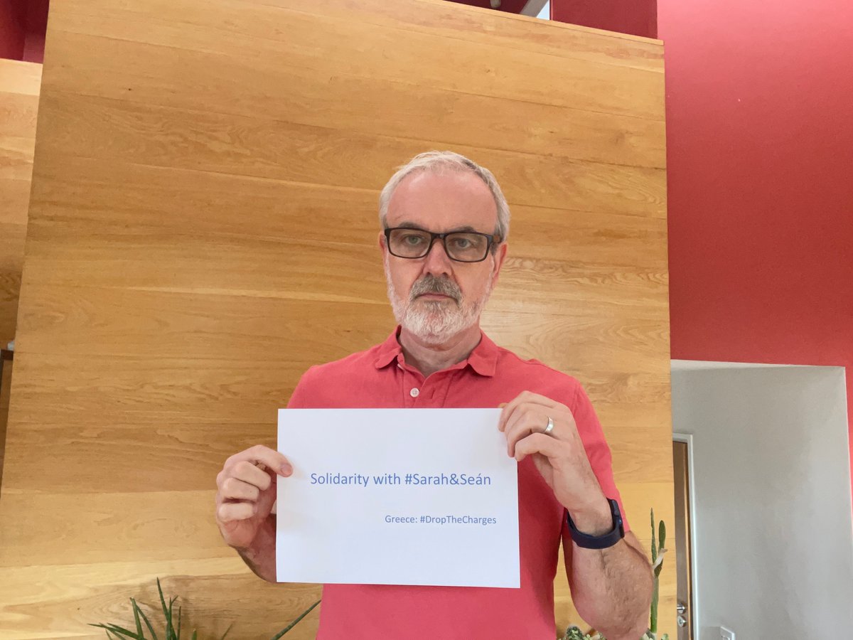 AmnestyIreland's tweet photo. Solidarity with #SarahandSeán ✊

Brave humanitarians @SarahMardini44 and Irishman @sean_binder_ face 25 years in prison this week for saving lives at sea. 

Search and rescue isn't a crime. Seeking asylum isn't a crime. Greece has to #DropTheCharges!

#FreeHumanitarians https://t.co/RpiQqCWlVU