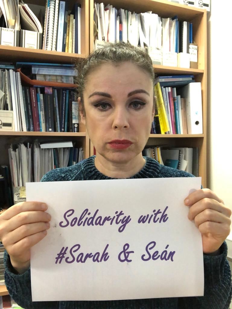 AmnestyIreland's tweet photo. Solidarity with #SarahandSeán ✊

Brave humanitarians @SarahMardini44 and Irishman @sean_binder_ face 25 years in prison this week for saving lives at sea. 

Search and rescue isn't a crime. Seeking asylum isn't a crime. Greece has to #DropTheCharges!

#FreeHumanitarians https://t.co/RpiQqCWlVU