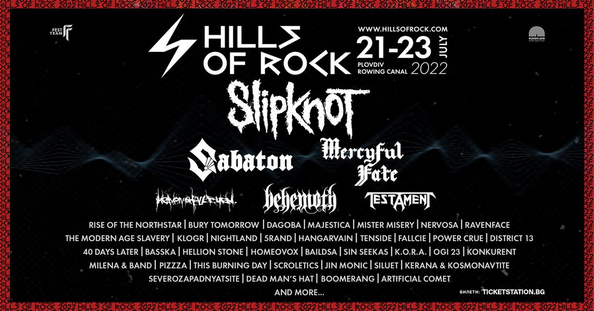 Plovdiv2019's tweet photo. THE HEADLINER OF THE FIRST DAY OF THE FESTIVAL are THE AMERICANS FROM SLIPKNOT, MERCYFUL FATE ARE THE HEADLINER FOR THE SECOND DAY, AND SABATON - THE IRRESISTIBLE METAL MACHINE IS ON DAY 3 OF #HILLSOFROCK 2022. #LegacyProgramme #Plovdiv2019 https://t.co/h2wbXCbtvz https://t.co/mFxUP2LUHc