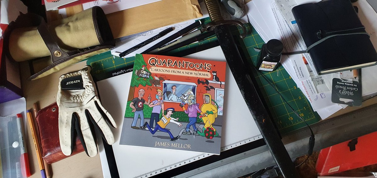 JamesDFMellor's tweet photo. My latest #cartoon collection launches on the 18th.
Here's one of the actual #books that arrived today (pictured with golf glove, bayonet and inkpot for scale).
Excitingly, you could have a copy soon too - #Quarantoons is available to preorder now:
https://t.co/PlSQNfrA2o https://t.co/gBcY1nVT5K