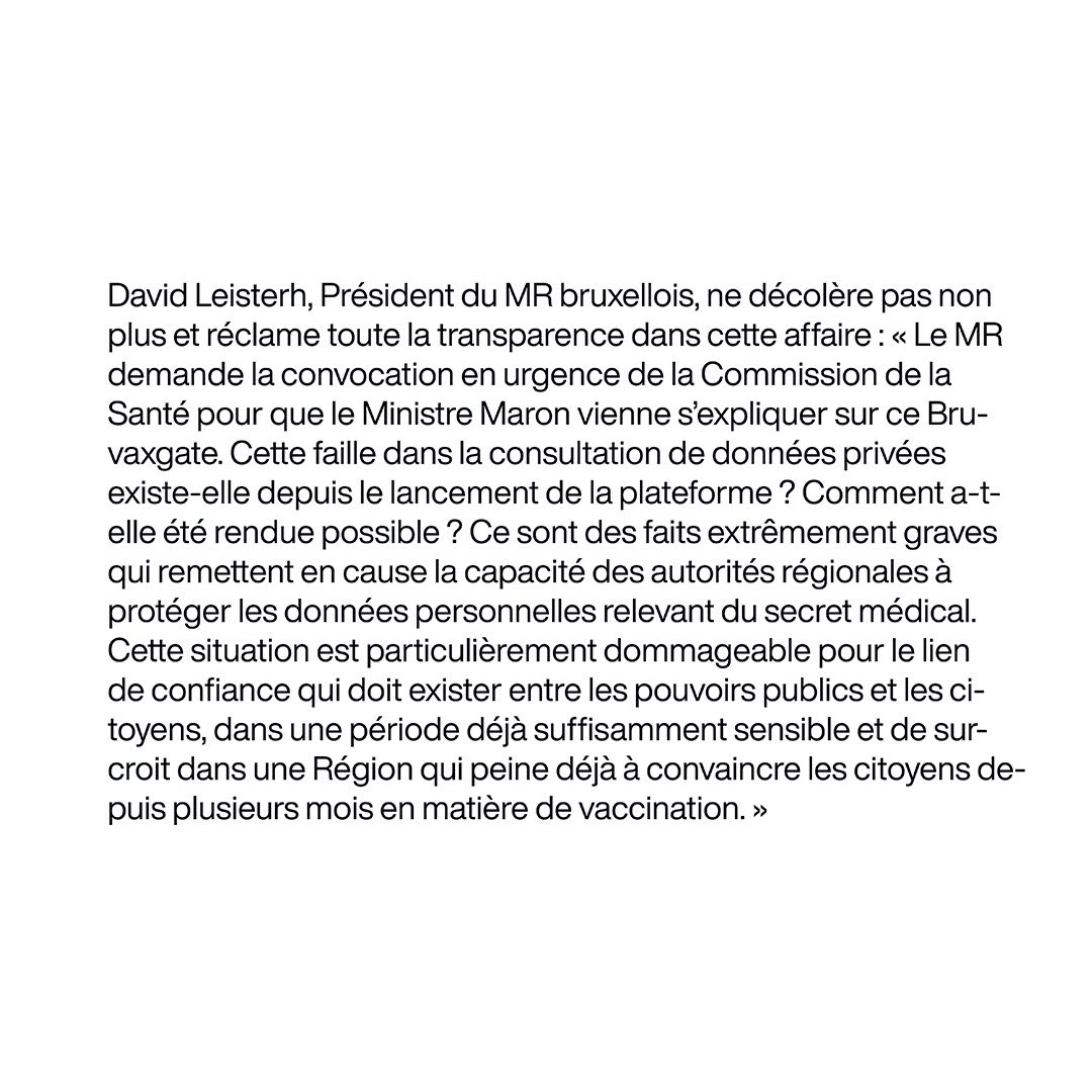 Le <a href="/MR_officiel/">MR</a> demande la convocation <a href="/alainmaron/">Alain Maron 🌍🌻</a> au <a href="/parlbruparl/">parlbruparl</a> pour qu’il réponde des graves violation à la vie privée de #Bruvax. La pandémie ne doit pas être le prétexte pour violer les droits fondamentaux et l’Etat de droit. Stop aux manquements dangereux! #PresidenceMR
