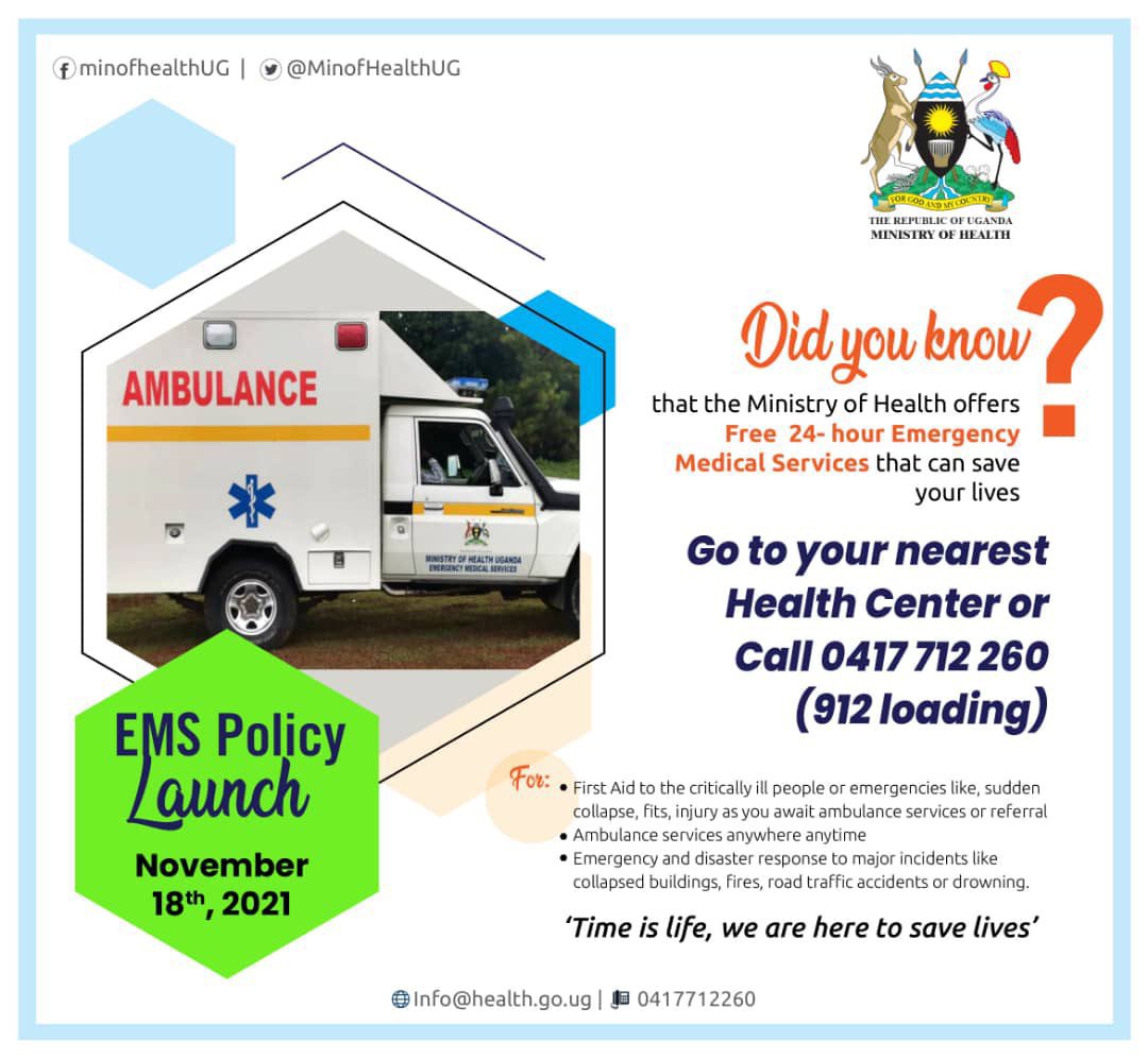Go to your nearest health center for free 24- hour emergency medical services @MinofHealthUG call 0417712260 #EMSPolicyUg.