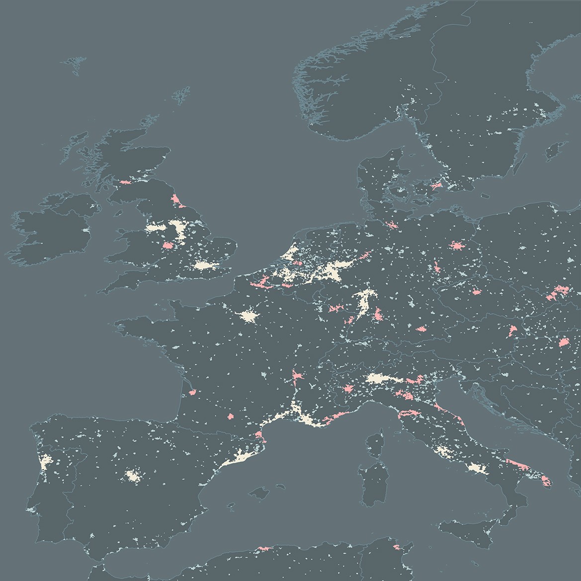 Data_Urbana's tweet photo. #30DayMapChallenge Día 16. Urban/Rural
Mapa de la huella urbana en Europa Occidental utilizando la base Natural Earth.
Fuente: https://t.co/bzT1CXh4A5
Instagram: dataurbana
#DataUrbana #SocialDataScience #UrbanDataScience #SpatialDataScience #dataviz #python @tjukanov https://t.co/A7cvqhnrvx