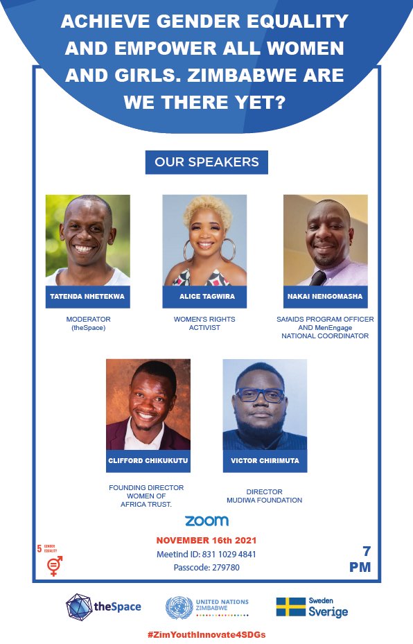 ARE YOU INTERESTED IN THE SDG's?

Join us TONIGHT as we unpack Gender Equality with 
<a href="/clifchikukutu/">Cliff Chikukutu</a>  <a href="/PududuUncle/">Tatenda m</a> and many more!

Join Zoom Meeting - 7pm
us02web.zoom.us/j/83110294841?…

#ZimYouthInnovate4SDGs

<a href="/tfmukarati49/">Tapfuma</a> 
<a href="/SwedeninZW/">Sweden in Zimbabwe 🇸🇪</a> 
@Ribeiro6Maria 
<a href="/Ethel_Evidence/">Ethel Evidence.</a> 
<a href="/UNICEFZIMBABWE/">UNICEF ZIMBABWE</a>
