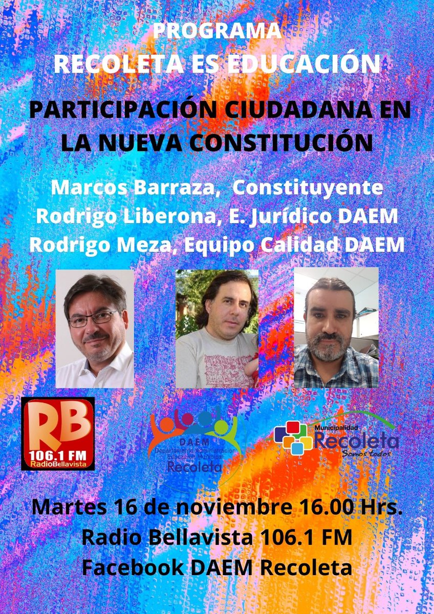 DaemRecoleta's tweet photo. DAEM #Recoleta
Hoy en nuestro programa radial online:
PARTICIPACIÓN CIUDADANA EN LA NUEVA CONSTITUCIÓN. https://t.co/SbtPi4Yjky