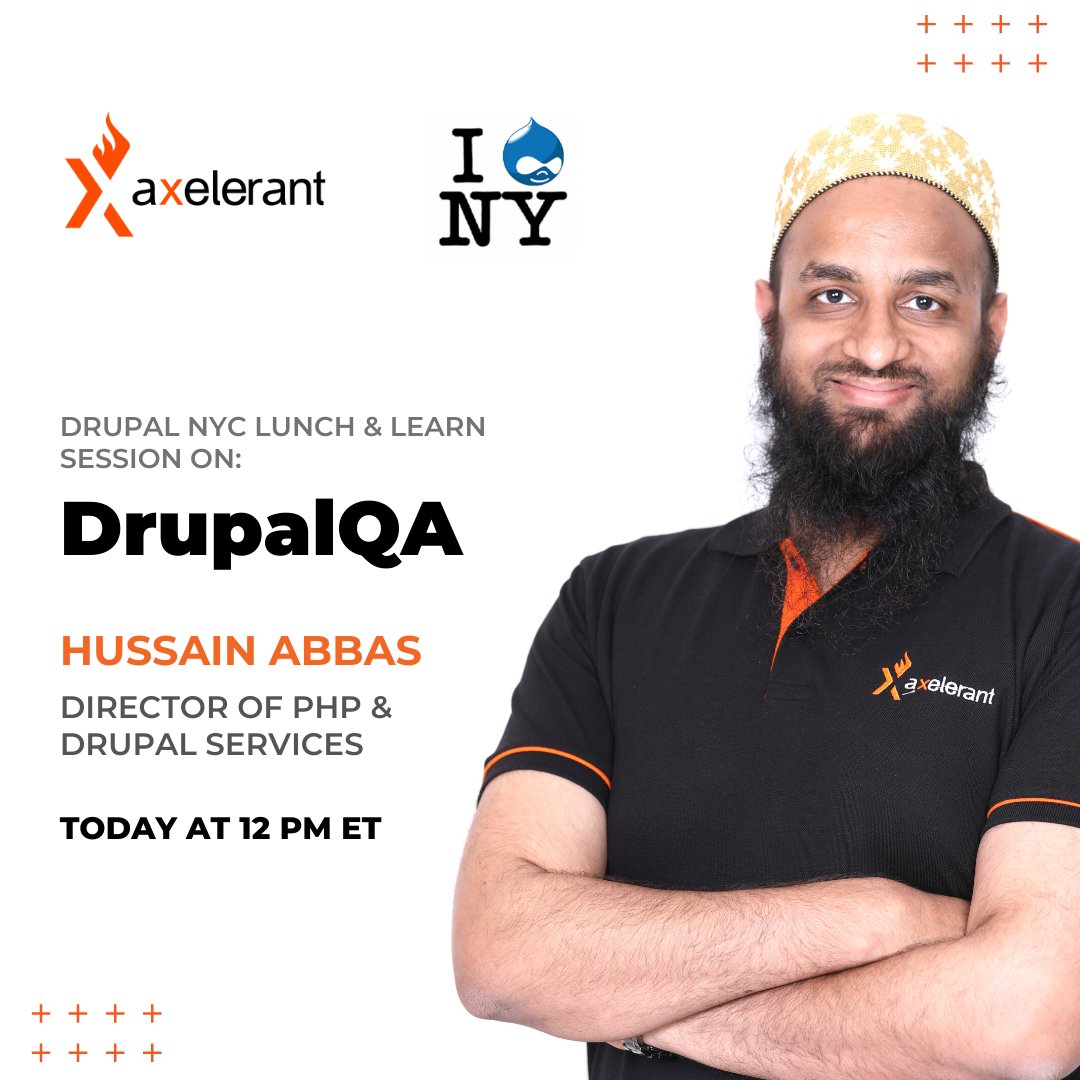 axelerant's tweet image. Get @hussainweb&apos;s #DrupalQA insights at the virtual 
@DrupalNYC Lunch &amp;amp; Learn meetup. 😎

When? Today at 12 PM ET. 🎉

bit.ly/3DlGAx4

#Drupal #OpenSource #DrupalCommunity