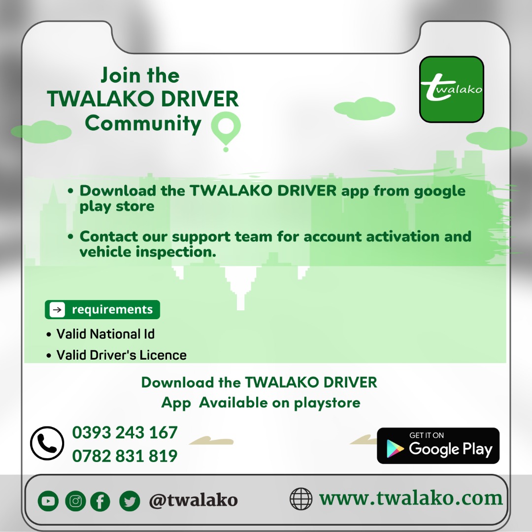 ebel_loans's tweet photo. Are you a professional driver out there with great tactics in using mobile phone applications to acquire passengers? Great, this is for you!
Download the @twalako Driver app and sign up to get started.
Download link👉https://t.co/0Qeio9clyW
#registrationisfree
#twalakodriver https://t.co/mHKEj1yDEG