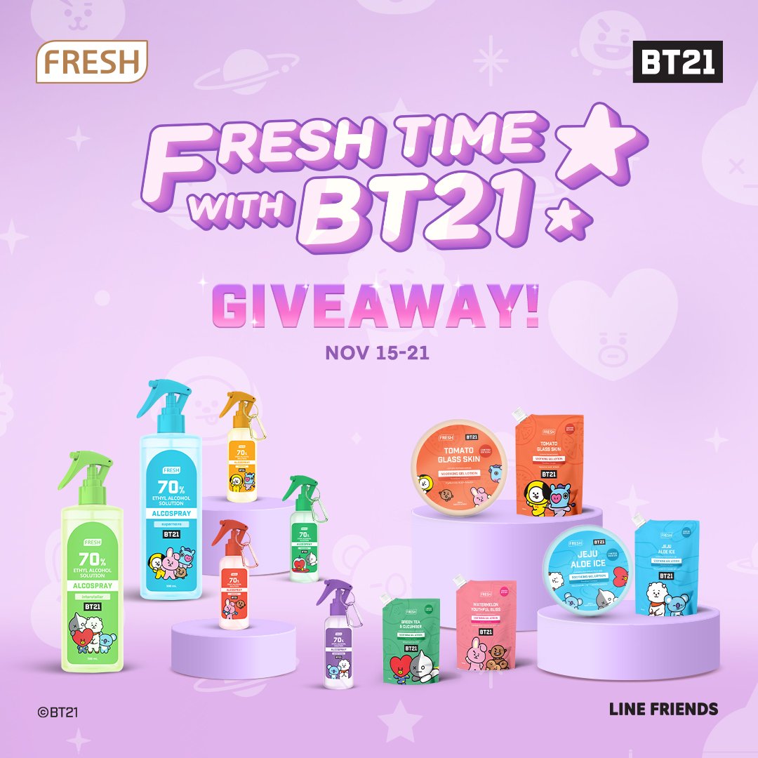army_cavite's tweet photo. GIVEAWAY ALERT!

Ready to win the freshest skincare + merch drop from the universe? 

What are you waiting for? Read mechanics at the infographics below and share away, enjoy your FRESH TIME with BT21 and get your chance to win!

#LiveFresh #BT21 #WatsonsPH #FreshTimeGiveaway https://t.co/ucccdSuztS