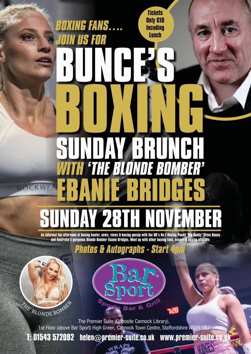 Cannock North Birmingham I’m coming to town 😁😁 

Come join me and @bigdaddybunce on 28th Of November at @Barsport @scottbarsport

Looking forward to meeting my fans! 😍😍🔥🔥

‼️ More meet & greet dates to Come!  keep an eye out‼️

#BlondeBomber #SteveBunce #Boxing #Fans #RT