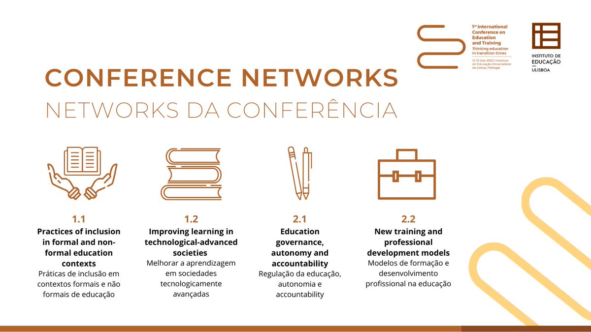 icet2022's tweet photo. 📖 Conference Networks  I Networks da Conferência

EN: The core of the conference will be organized according to four key networks.

PT:  O centro de debates da conferência envolve-se em torno de quatro networks. 

🔗[link in bio]

#ieulisboa #institutodeeducação #icet2022 https://t.co/vicoa5ePDH