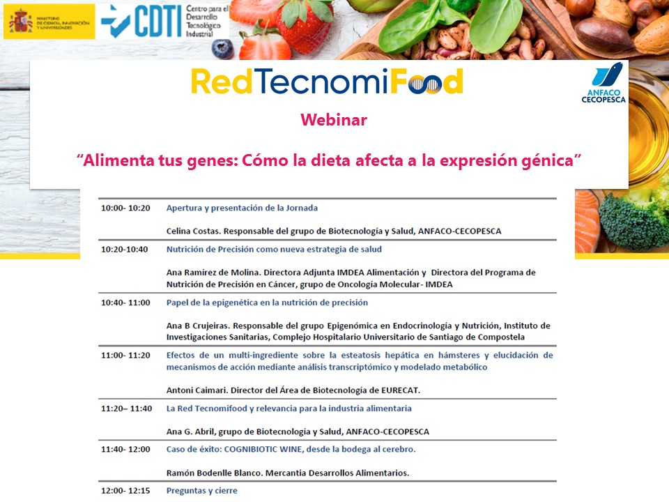 AnfacoCytma's tweet photo. Recuerda que este jueves celebraremos el webinar “Alimenta tus genes: Cómo la dieta afecta a la expresión génica” +Info: https://t.co/zMeUjFhnsn No te lo pierdas! @RedTecnomifood @ImdeaAlimenta @idis_research  @acrujeirasm @eurecat_news #Mercantia #BiotecSalud #cytmablog https://t.co/IZx3j1oJHk