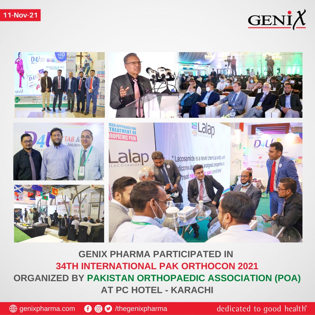 TheGenixPharma's tweet photo. Genix Pharma Participated in 34th International Pak Orthocon 2021, held on 11th Nov to 14th Nov, 2021 at PC Hotel β Karachi.
The theme for 34th International Pak Orthocon 2021 is "AGING GRACEFULLY".
#orthocon #orthocon2021 #pakorthocon2021 #POA #orthopaedics #Genix #GenixPharma https://t.co/LAs0Jd5H43