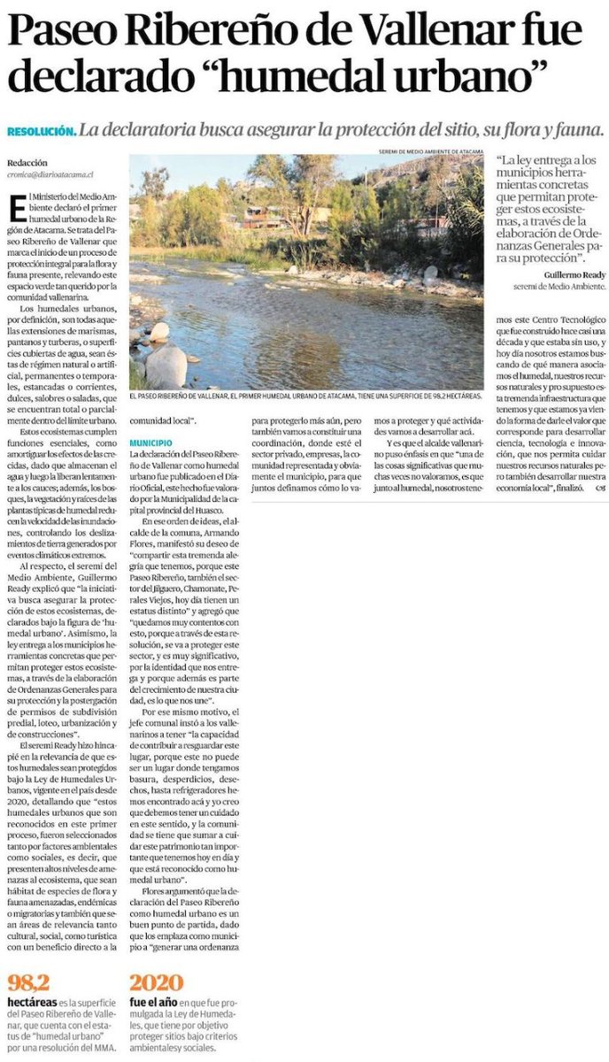 Nuestro Seremi <a href="/MMAAtacama/">Seremi Medio Ambiente Atacama</a> te invita a leer la nota aparecida en <a href="/diarioatacama/">Diario Atacama</a> sobre el Paseo Ribereño que fue Declarado Humedal Urbano, el primero de la Región de Atacama