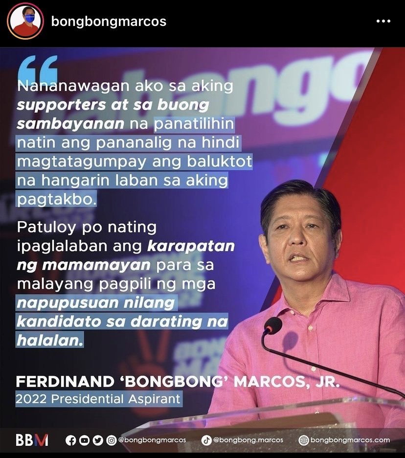 Maxijacob's tweet photo. I also want to call for unity and cooperation  para sa bayan! @bongbongmarcos https://t.co/vgs3yAmTnY