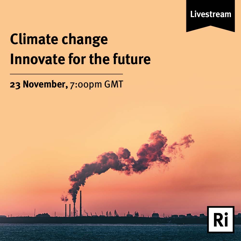 A factory at sunset. Text reads - Climate change: innovate for the future. 23 November, 7pm GMT. Livestream