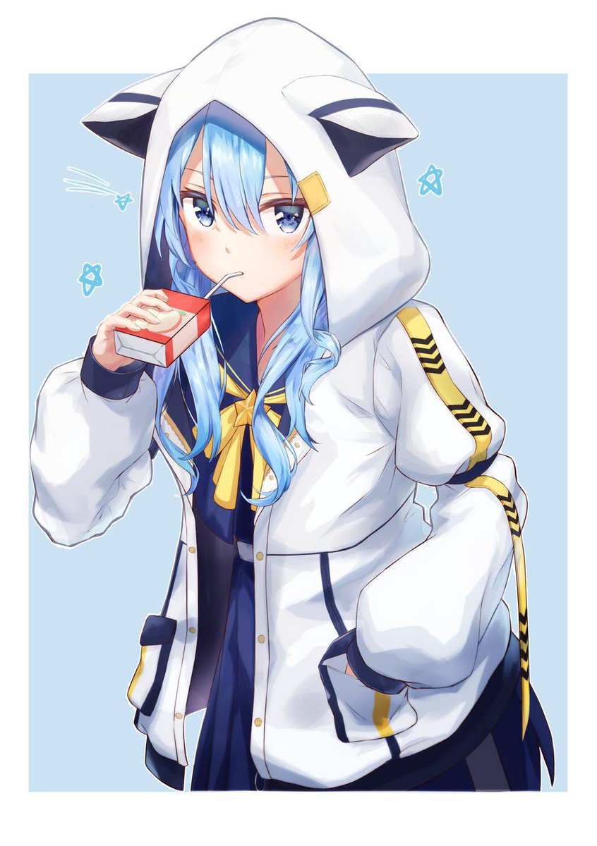 hoshimachi suisei 1girl solo blue hair blue eyes hood hood up juice box  illustration images