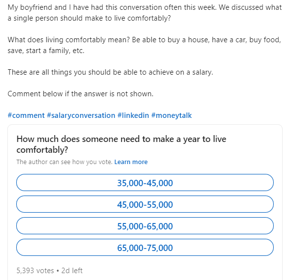crypto_bobby's tweet photo. Crypto Twitter: "How much does a person need make a year to live comfortably?"
$1 million bare min, plus a personal driver and at least a part-time chef and a maybe a few mil left over for yield farming

LinkedIn: 35k https://t.co/trph3lyFi9