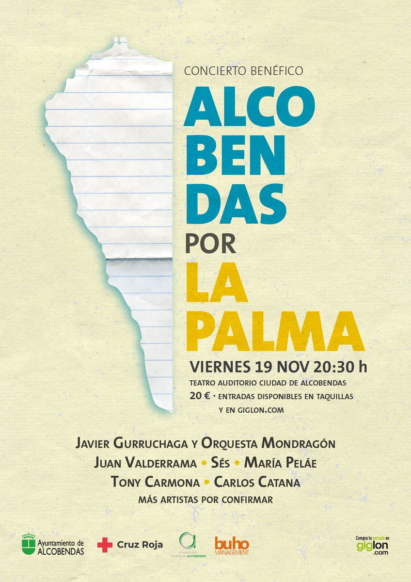 “Alcobendas por La Palma” 💚

Este viernes 19 de noviembre celebraremos un concierto benéfico: en el📍 Teatro Auditorio Ciudad de Alcobendas, a las ⏰ 20:30h

Venta de entradas en los canales habituales: ⬇️

Giglon
Taquilla: De martes a viernes, no festivos, de 18 a 20:00h