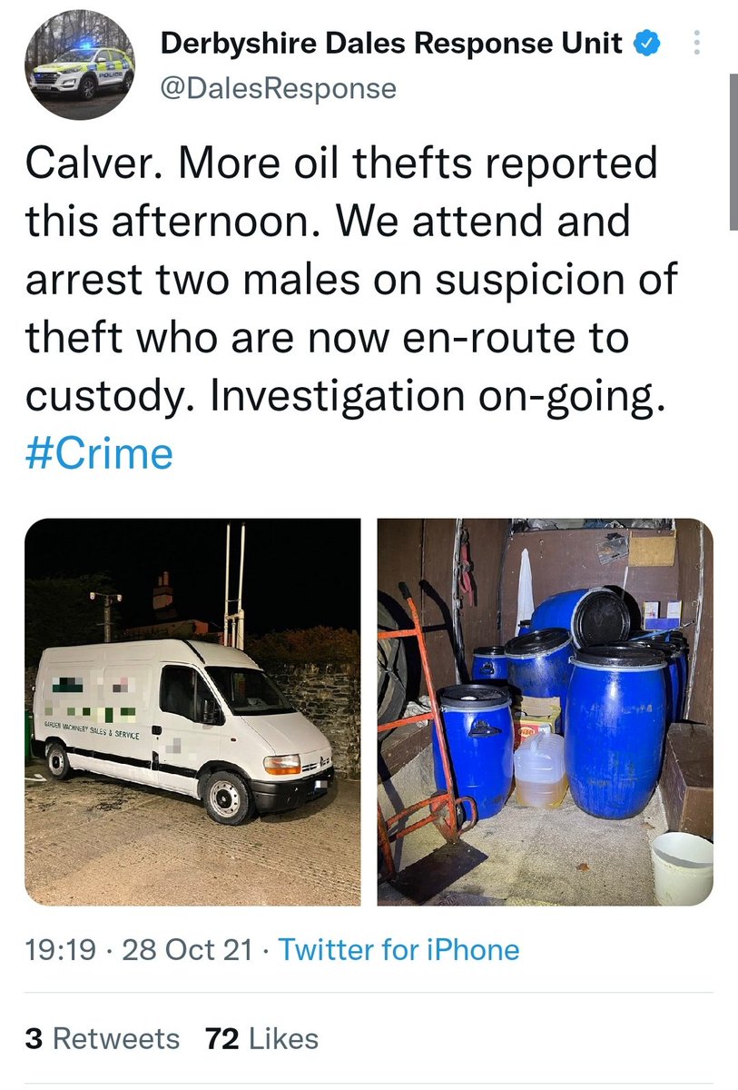 DerbyshireRPU's tweet photo. M1. The trend for stealing cooking oil continues. It's valued at about 50p a litre so thieves are making a living stealing it. Two arrested in their latest van after the last was seized a few weeks back by @DalesResponse. Businesses - please secure any storage areas. #Crime https://t.co/707hHQRMLu