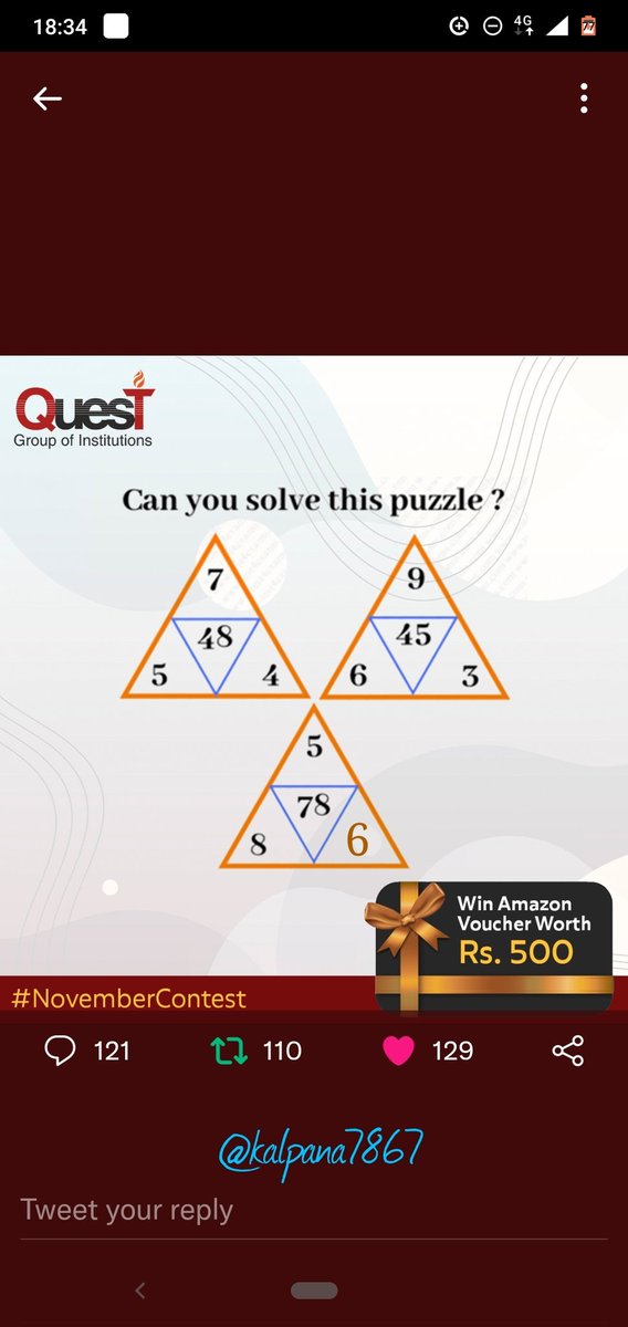 kalpana7867's tweet photo. @QuestMohali Answer is : 6
#ContestAlert #Contest
#QuestContest
#octobercontest #quest #QUESTChandigarh
@QuestMohali
Join
@rjanardhan
@iwasbornhot
@Godisgreat001
@s4success2win
@prashantjm786
@KalpaM10 https://t.co/prf93SqD3g