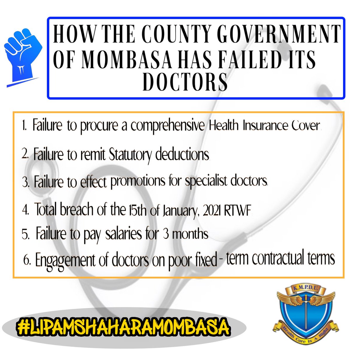 CoastKmpdu's tweet photo. Doctors employed by the County Government of Mombasa will be going on strike from the 23rd of November 2021. It is a cry for justice!
#LipaMshaharaMombasa https://t.co/Suy0B3qtnj