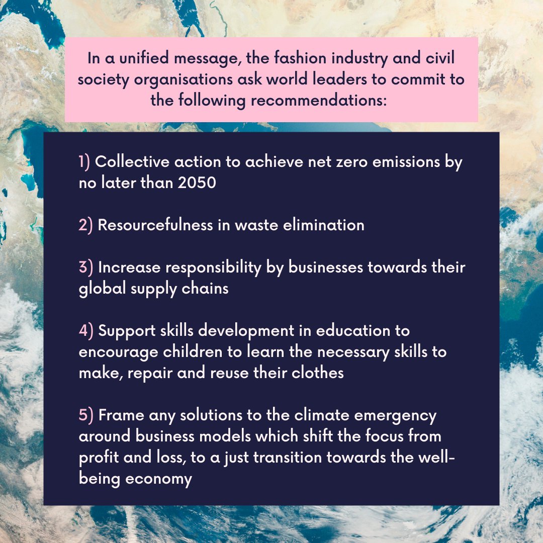 Justice In Fashion are proud to be a signatory for 
<a href="/FashionRound/">FashionRoundtable</a> important call to action for COP26 which asks world leaders to commit to key recommendations
See below for the recommendations that the fashion industry want world leaders to follow
Follow link in bio for more info