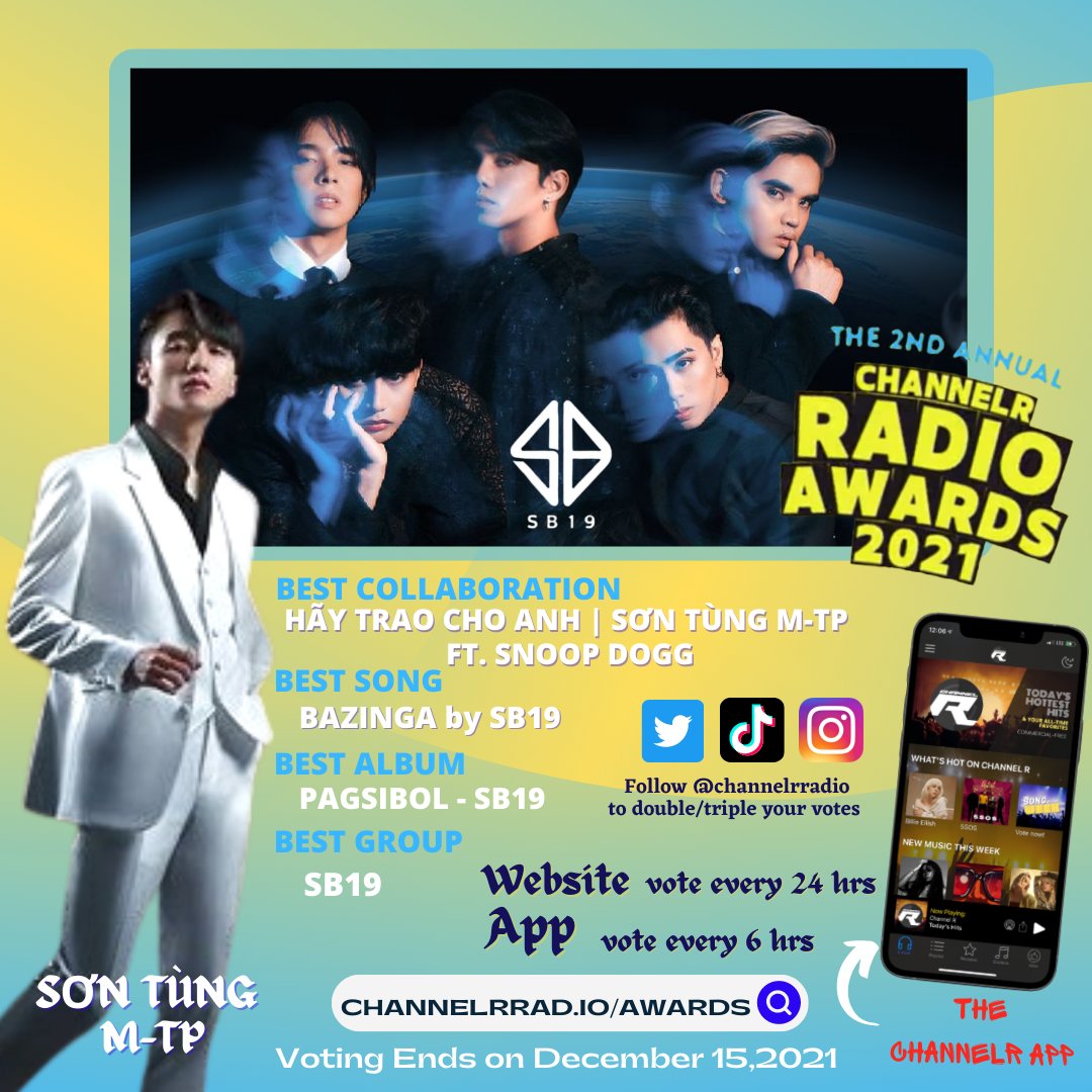 SB19xRobots's tweet photo. VOTE FOR SON TUNG M-TP &amp; SB19 ON CHANNEL R RADIO AWARDS 2021

👉 SƠN TÙNG M-TP : 
🍀Best Collaboration 

👉 SB19 : 
🍀 Best Song
🍀 Best Album
🍀 Best Group 

⏰ Time : 14/11 - 15/12/2021

#SKYxATINFriendship
@SB19Official
@sontungmtp777
#SonTungMTP 
#Bazinga_SB19
#HayTraoChoAnh https://t.co/B8MpRNGAJh