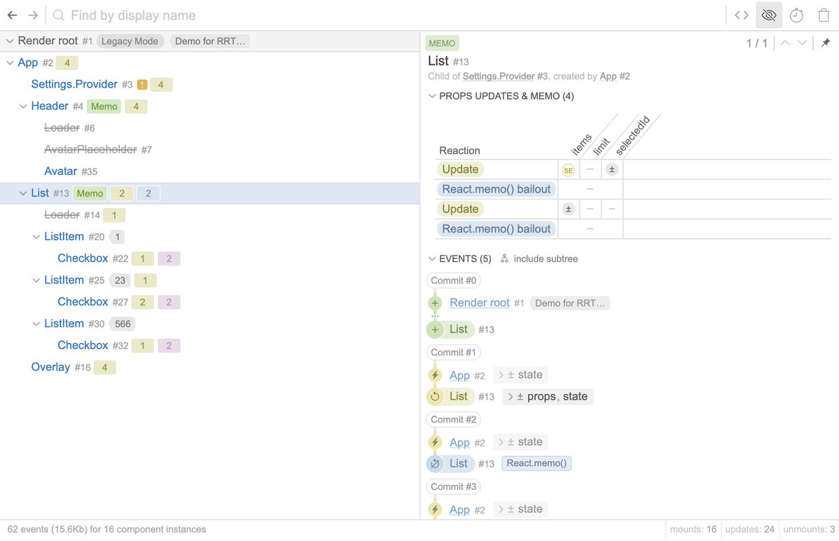 ⚛️ React Render Tracker 0.6 🚀

New info sections (props updates, memo hooks changes, used contexts, context's consumers), tracking for bailouts and state change locations, open in editor and more

Release notes: github.com/lahmatiy/react…