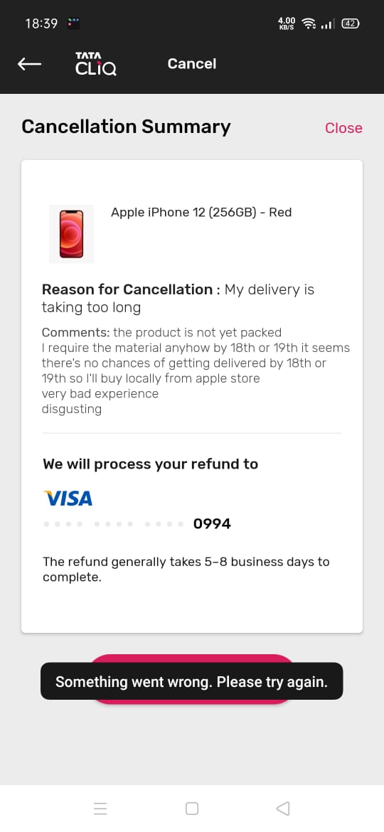 khemani_gopal's tweet photo. Request you to please cancel my order 
I'm unable to do it it's showing something went wrong please try again..
Kindly cancel the order https://t.co/UTY3zpVUoa