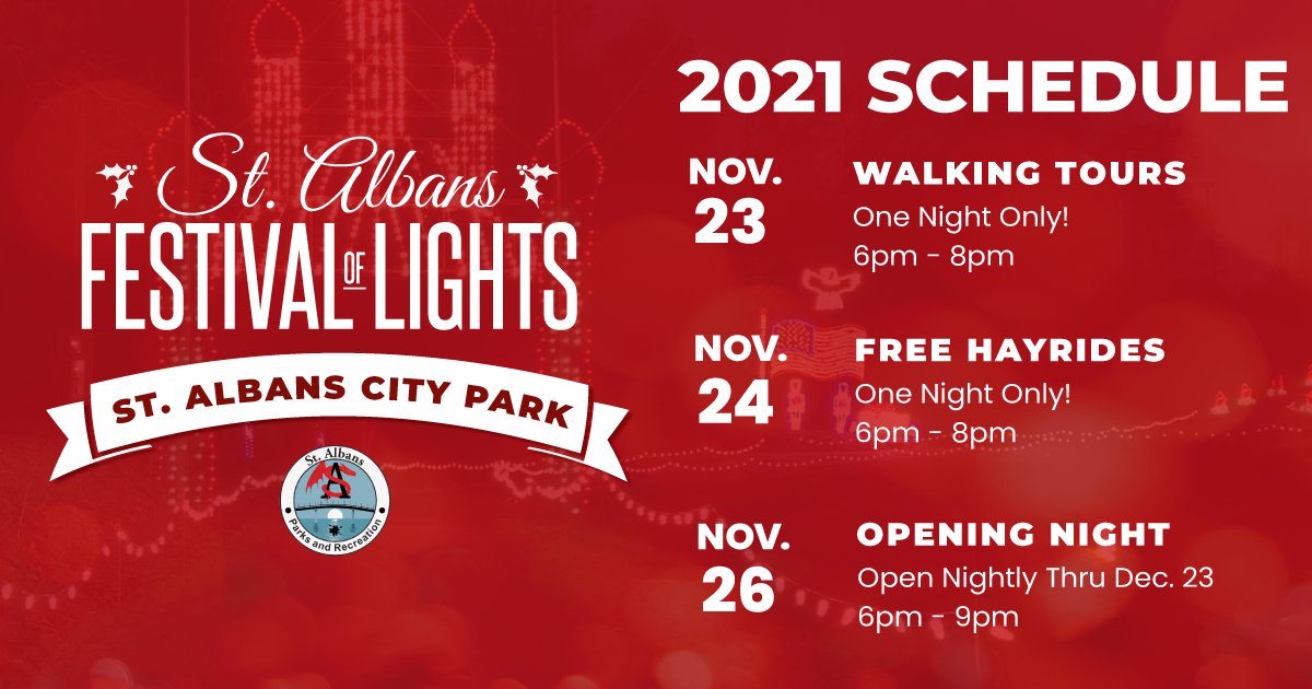 😍☃️ WE OPEN NEXT WEEK!!! WHO'S READY???  
33rd Annual St. Albans Festival of Lights at St. Albans City Park.  
📌Nov. 23 - Free Walking Tours from 6pm - 8pm.
📌Nov. 24: Free Hayrides from 6pm - 8pm.
📌Nov. 26: Open to vehicle traffic. 6pm - 9pm.