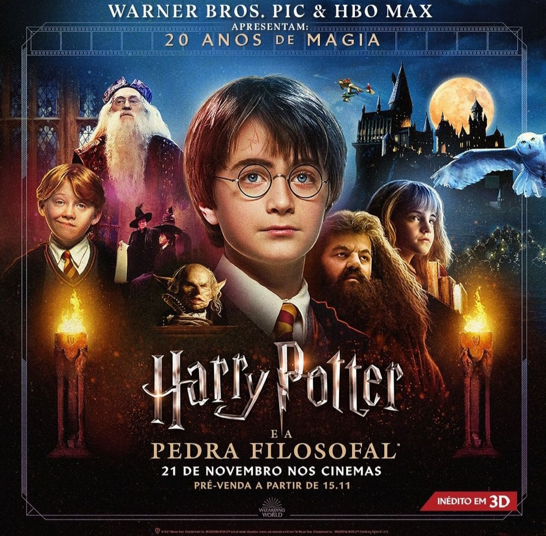 Fan_HarryPotter's tweet photo. HARRY POTTER DE VOLTA AOS CINEMAS! Alguns cinemas exibirão sessões especiais de Harry Potter e A Pedra Filosofal, em 3D, no dia 21 de novembro, para celebrar os 20 anos do lançamento do primeiro filme. 

*Verifique a disponibilidade nos cinemas de sua região. https://t.co/DJGtLeCPVx