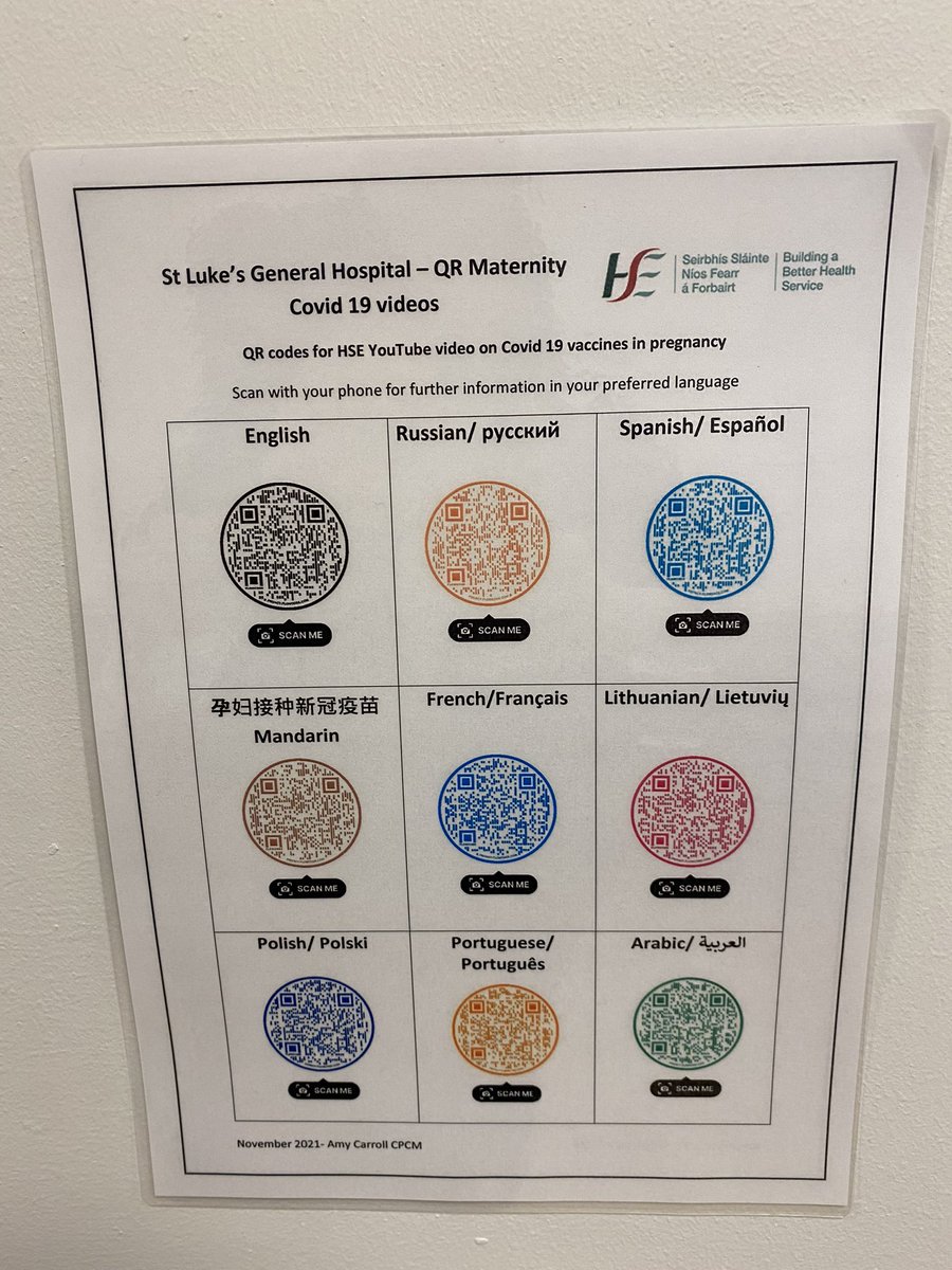 As always keeping the corridors of #SLGHmaternity colourful and evidence based. I have put all the brand new <a href="/HSELive/">HSE Ireland</a> covid 19 vaccine in pregnancy youtube videos in 9 languages  into QR codes for easy access for women attending our service <a href="/climurphy/">Cliona Murphy🇺🇦</a> @IEHospitalGroup