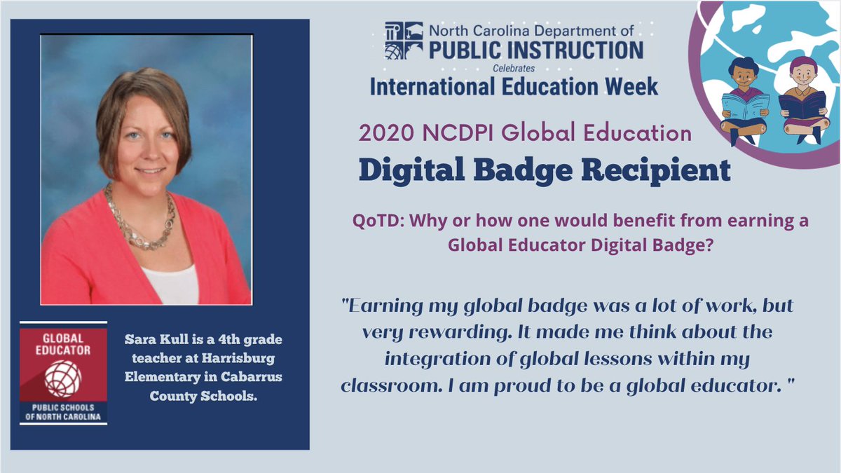 During #NCIEW 2021, we want to highlight some educators who have earned the NCDPI Global Educator Digital Badge and share their thoughts on the benefits of getting the badge and how it has impacted their teaching.
 
Learn more: dpi.nc.gov/districts-scho…
 
#NCisGlobal #IEW2021