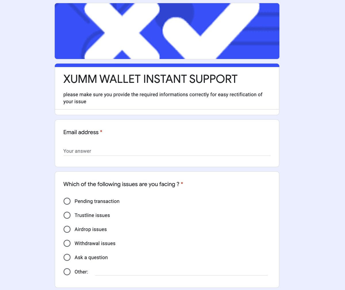 XamanWallet's tweet photo. WARNING!

Fake XUMM Support forms and sites are popping up all over the place.

NEVER (!) use these forms. The only official location to get XUMM support is at our https://t.co/kf4MyynRpQ page.

If you see these Google Forms: "report abuse" in the footer. Thank you 😗 https://t.co/34dAwkbhBA